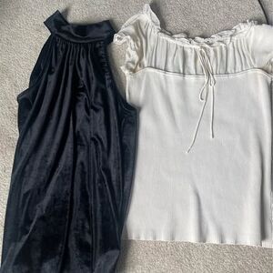 Black Velvet Halter Top Blouse and White Cream Ribbed Y2K Shirt with Bow Ruffles